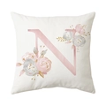 Letter N decorative throw pillow case with pink watercolor floral design on white canvas - Style N