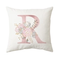 Floral alphabet R pillow cover with watercolor roses and gold leaf accent on white fabric - Style R