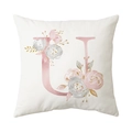 White square pillowcase with pink floral alphabet letter U in Nordic minimalist style - Style U
