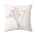Square pillowcase with watercolor letter V and floral wreath design on white fabric - Style V