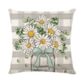 Daisy floral pillowcase with blue ribbon jar print on grey and white checkered fabric - Daisy Vase Plaid Style (JYM586-1)