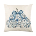Kussensloop met blauwe Chinoiserie pompoen op crème linnen voor de herfstdecoratie - Pompoen Strik (JYM605-4)