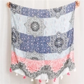 Detail of floral shawl with mandala pattern and colorful fringe tassels on edges - Extended Version / Blue & Red Paisley Print (SL1909-046)