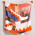 Detailed flat lay of large scarf with modern orange and navy blue geometric abstract prints - Orange Geometric Splicing (SL1910-007) / 180x90cm