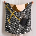 Detail of artistic scarf showing yellow geometric lines over black and white wavy patterns - Black Geometric Contrast Style (SL1910-011) / 180x90cm