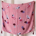 Detail of floral houndstooth scarf featuring red tassels and soft diagonal cotton fabric - Red and White Houndstooth Floral Style (SL1904-151) / 180cm x 90cm