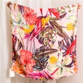 Pink cotton linen scarf with tropical hibiscus flowers and colorful parrot bird print - Light Pink (SL1905-025)