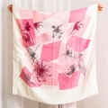 Detailed texture of lightweight cotton linen scarf with geometric floral print and frayed edges - Pink Artistic Floral Style (SL1905-017)
