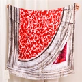 Vintage red cotton linen scarf with white geometric flame patterns and frayed edges - Red