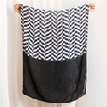 Detail showing blue chevron pattern spliced with sheer black fabric on a long shawl - Navy Blue