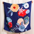 Detail of navy blue rectangle scarf featuring abstract floral patterns and fringe edges - 180*90CM / Sapphire Blue
