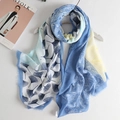 Boho style sun protection shawl with navy ginkgo print and yellow stripes on light fabric - Deep Blue Ginkgo Patchwork Style