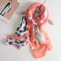 Coral orange ginkgo leaf and paisley print chiffon scarf with elegant tassel edges - Coral Red Mixed Print Style