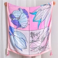 Detailed view of floral cotton linen shawl with pink tassels and colorful flower patterns - 180x90cm / Pink and Purple Floral Tassel Style (SL1906-028)