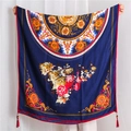 Detail of navy cotton linen shawl with peony pattern and red beaded corner tassels - Navy Blue