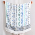 Detailed view of bohemian floral cotton linen shawl with intricate fringe edge in white - Blue