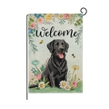 Garden flag featuring black Labrador and colorful flowers on burlap with metal stand - Black Labrador Sunflower Style (HYQ060-7)