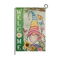 Welcome gnome garden flag with sunflowers and butterflies on burlap fabric with stand - Stripe Hat Gnome Sunflower Style (HYQ060-8)