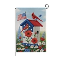 Independence Day garden flag featuring a birdhouse and red cardinal birds on linen fabric - Flag Birdhouse Cardinal Style (HYQ056-7)