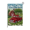 God Bless America garden flag with red truck and barn design on a metal stand - Vintage Red Truck Barn Style (HYQ056-8)