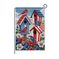 Independence Day garden flag with birdhouse, red cardinal and stars on polyester fabric - Star Stripes Birdhouse Floral Style (HYQ056-9)