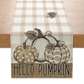 Chemin de table automnal avec motif à carreaux, citrouilles et texte Hello Pumpkin - 33*183cm