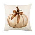 Autumn pumpkin print decorative pillow cover in beige faux linen with bow detail - Pumpkin With Bow Pattern (JYM611-1)