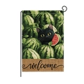 Garden flag featuring a black cat with watermelons and a welcome banner on linen fabric - Watermelon Black Cat Style (HYQ062-8)
