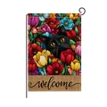Garden flag with black cat among colorful tulips and artistic welcome text - Tulip Black Cat Style (HYQ062-9)