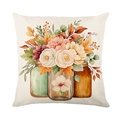 Autumn pumpkin floral print throw pillow cover on cream linen background for sofa decor - Autumn Bouquet in Vases (JYM632-3)