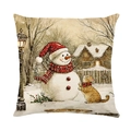 Funda de cojín navideña con estampado de muñeco de nieve y gato sobre lino - Estilo Muñeco de Nieve y Gato Naranja (JYM635-3)