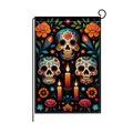 Dia de los Muertos garden flag featuring colorful sugar skulls, marigolds and candles on black - Day of the Dead Skeleton Style (HYQ071-6)
