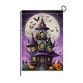 Halloween garden flag featuring a purple haunted castle with pumpkins and bats - Full Moon Castle Style (HYQ071-7)