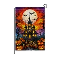 Halloween garden flag with watercolor castle, pumpkins and bats on white background - Glowing Castle Style (HYQ071-9)
