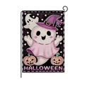 Halloween garden flag featuring a cute ghost in a wizard hat with festive pumpkins - Pink Ghost Style (HYQ070-7)