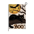 Halloween garden flag featuring a black cat, orange moon, and BOO text on burlap - Full Moon Black Cat Style (HYQ070-8)