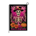 Halloween garden flag featuring a skeleton with pink roses and a pumpkin on metal stand - Rose Skeleton Pumpkin Style (HYQ070-9)