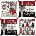Set of four Christmas pillow covers with festive red plaid and holiday greetings - 45*45cm (Insert Not Included) / Red Holiday Greetings Series (JYM640 Serie)