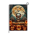 Halloween garden flag with skull, pumpkins, bats and moon design on black metal stand - Hyq073-9