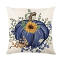 Square autumn pillow case with blue pumpkin and sunflower print on faux linen fabric - Blue Pumpkin Sunflower (JYM621-1)
