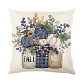 Harvest pumpkin polyester pillow cover with blue pumpkins, sunflowers and FALL text - FALL Typography Pumpkin (JYM621-2)