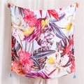 Close-up of tropical flower and bird print scarf with blue tassels on lightweight fabric - Tropical Floral Bird Style (SL1906-079)