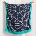 Navy and teal cotton-linen scarf featuring vintage horsebit chain and belt prints - 180x90 / Navy Blue