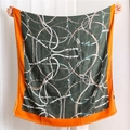 Green cotton linen scarf with equestrian print and orange border fringe shawl - 180x90 / Army Green