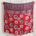 Detail of red and navy cotton scarf with floral patterns, gold foil and fringe edges - 180x90cm / Wine Red (SL1904-083)