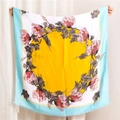 Floral print cotton linen scarf featuring yellow sun center and purple flower patterns - Yellow