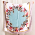Lightweight cotton linen scarf with vintage floral vine print and soft fringe trim - Light Blue