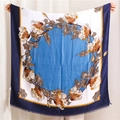 Large vintage floral print cotton linen scarf with tassels and elegant sky blue ring pattern - Denim Blue