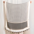 Detail view of cotton linen bohemian scarf with black geometric patterns and fringes - 180*90CM / Black