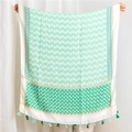 Detail of bohemian cotton linen scarf featuring mint green geometric patterns and tassels - 180*90CM / Green